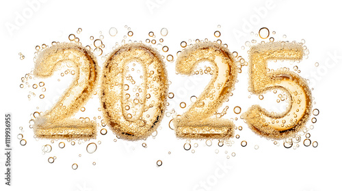 Numbers 2025 written in the shape of liquid and drops Champagne isolated on a white background. Happy New Year 2025 concept. Copy space.