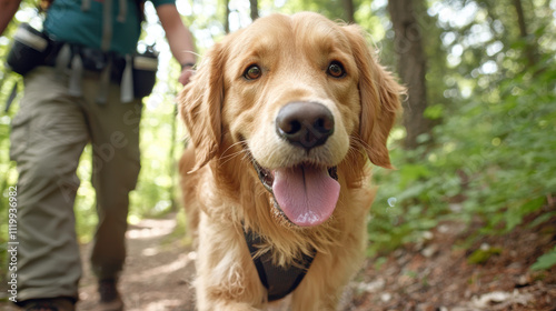 Happy dog walking alongside hiker in bright forest trail