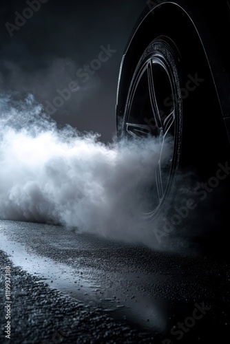 A captivating shot of a car tire emitting smoke against a sleek black background, emphasizing the intensity of the burnout.