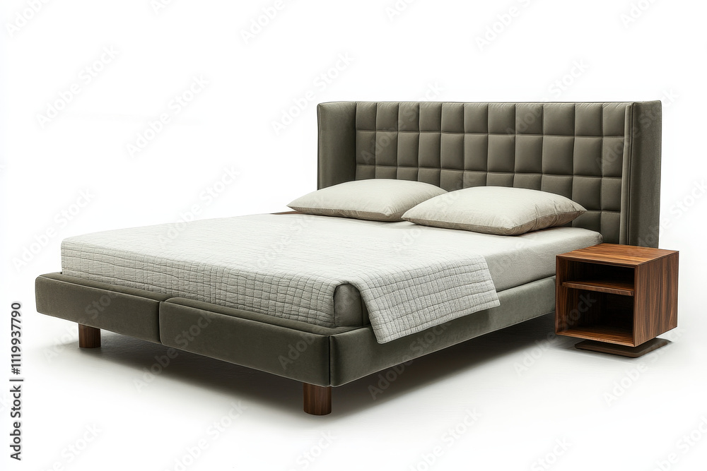 Modern Tufted Bed with Minimal Side Table and Neutral Tones Modern Tufted Bed with Minimal Side Table and Neutral Tones