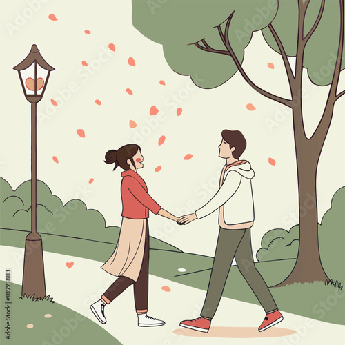 Romantic couple enjoying a leisurely stroll in a picturesque park, holding hands as delicate flower petals gently fall around them, creating a magical and enchanting atmosphere