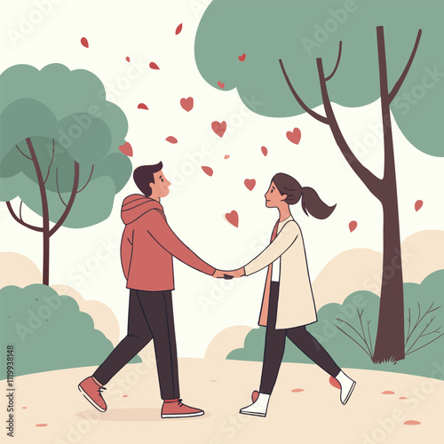 Romantic couple enjoying a leisurely walk in the park, holding hands as heart shapes gently fall around them, creating a heartwarming scene of love and togetherness