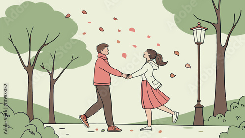 Young couple is holding hands and taking a leisurely stroll through a park, surrounded by falling hearts, symbolizing love, romance, and the celebration of valentine's day