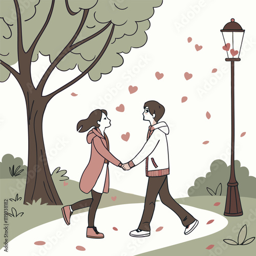 Romantic couple enjoying a leisurely walk in the park, holding hands as heart shapes gently fall around them, creating a heartwarming scene of love and togetherness