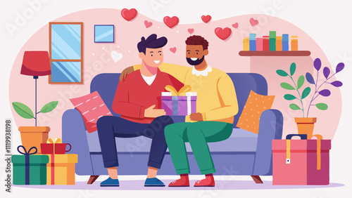 Two men are sitting on a sofa, exchanging gifts and celebrating valentine's day in a cozy living room filled with love and warmth