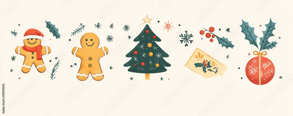A charming set of illustrated Christmas icons featuring whimsical gingerbread characters, a festively decorated tree, and holiday-themed gifts A charming set of illustrated Christmas icons featuring whimsical gingerbread characters, a festively decorated tree, and holiday-themed gifts