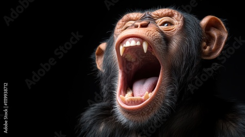 A powerful visual of a chimpanzee mid-yawn, its teeth fully exposed. This dynamic image captures the wild beauty and energy of primate life in nature. photo