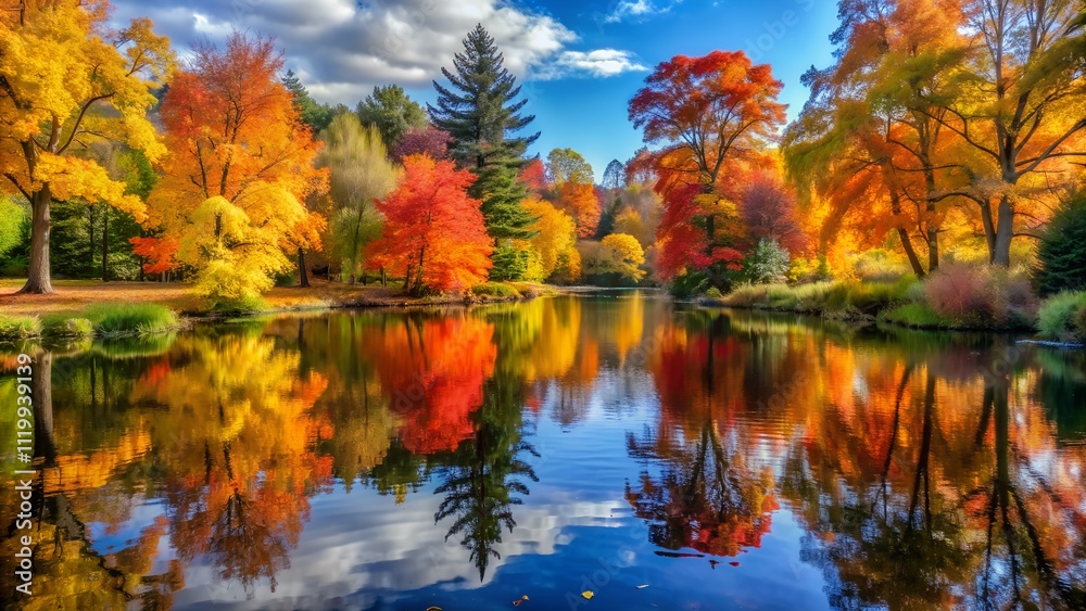 Vivid autumn colors reflected in the calm lake water Vivid autumn colors reflected in the calm lake water