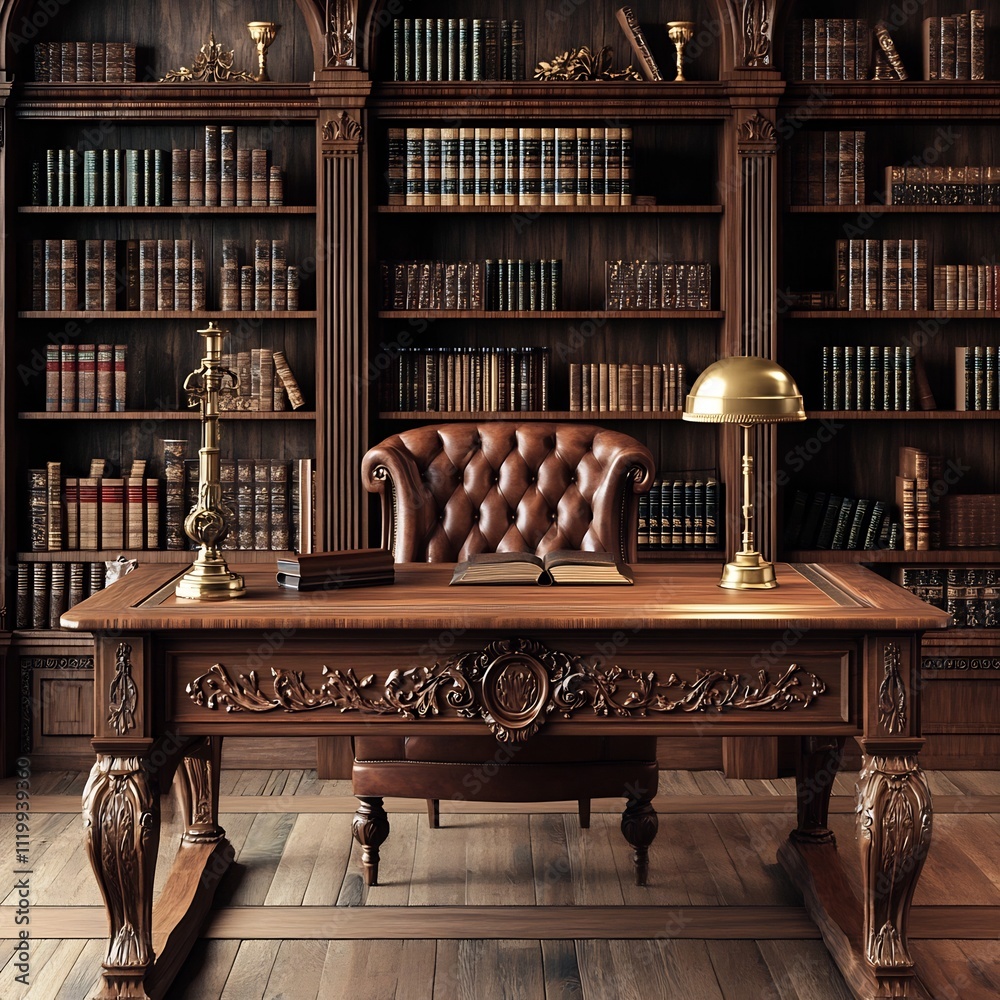 Luxurious Antique Library with Ornate Wooden Bookcase and Desk Luxurious Antique Library with Ornate Wooden Bookcase and Desk