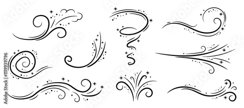 Winter wind doodle illustration set. Frosty curly pattern with snow collection of sketch design elements.