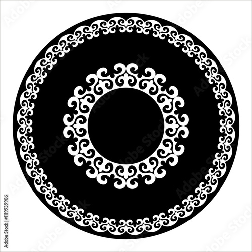 Round Monochrome Kazakh ornament with a pattern in the center frame. Ornamental element of Turkic, Kazakh, Kyrgyz, Uzbek, national Asian decor for plate, textile, print design, embroidery, sandblaste