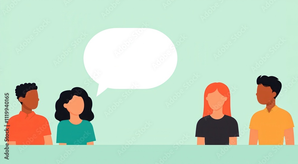 Four diverse individuals engage in a discussion, with a speech bubble indicating conversation, set against a soft green background. Four diverse individuals engage in a discussion, with a speech bubble indicating conversation, set against a soft green background.