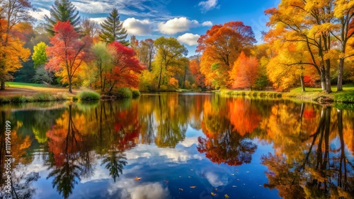 Vivid autumn foliage and lake reflection in the park