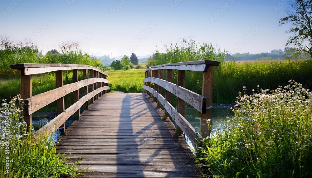 Obraz premium Scenic wooden bridge over a tranquil waterway.
