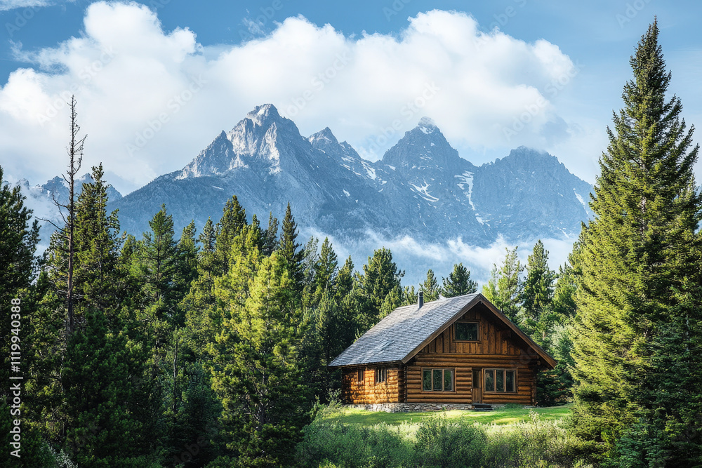 Fototapeta premium Cozy Wooden Cabin Surrounded by Majestic Mountains
