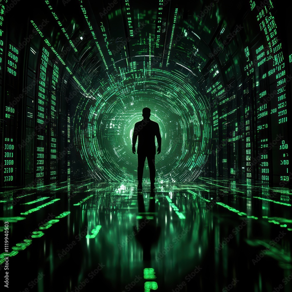 Silhouette man in digital realm futuristic environment illustration Silhouette man in digital realm futuristic environment illustration