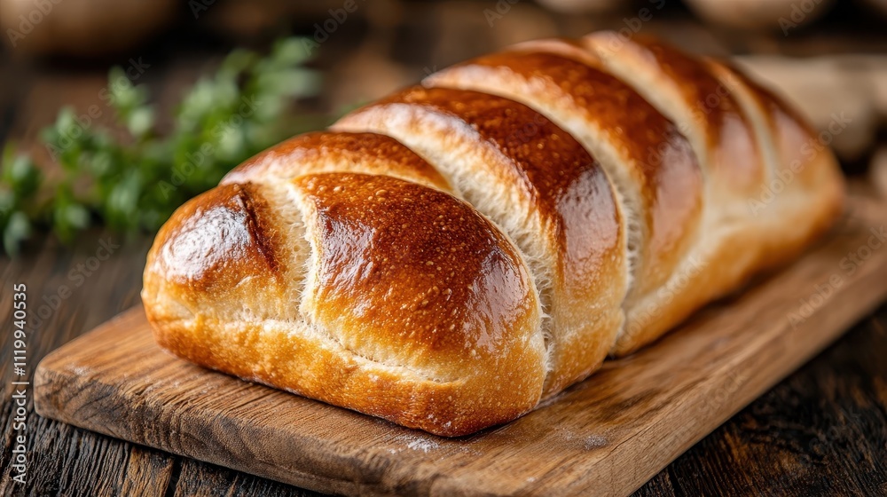 A handcrafted artisan loaf, resplendent with a glossy crust and vibrant color, rests on a wooden board, adorned with fresh foliage for a rustic presentation. A handcrafted artisan loaf, resplendent with a glossy crust and vibrant color, rests on a wooden board, adorned with fresh foliage for a rustic presentation.