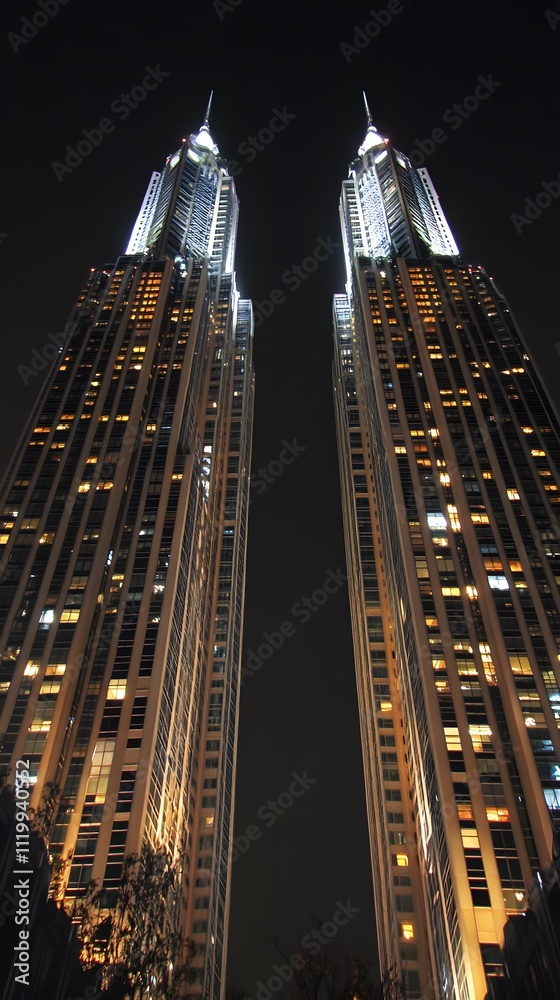 Obraz premium Nighttime view of two skyscrapers with lights on in downtown