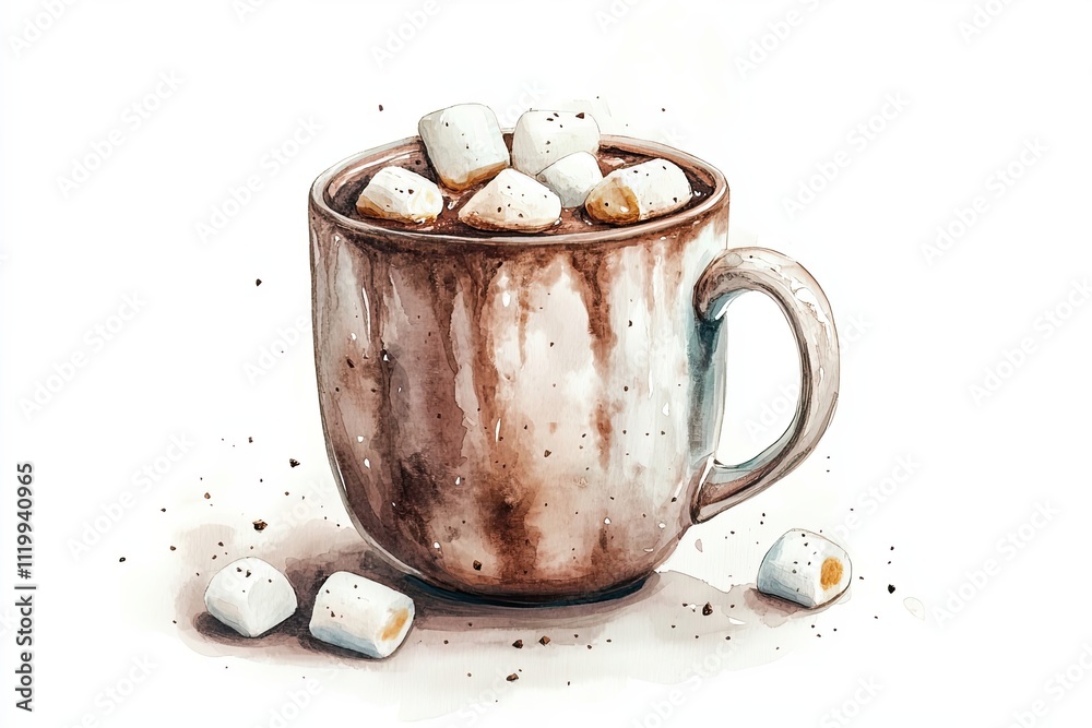 Watercolor painting of a mug of hot chocolate with marshmallows Watercolor painting of a mug of hot chocolate with marshmallows