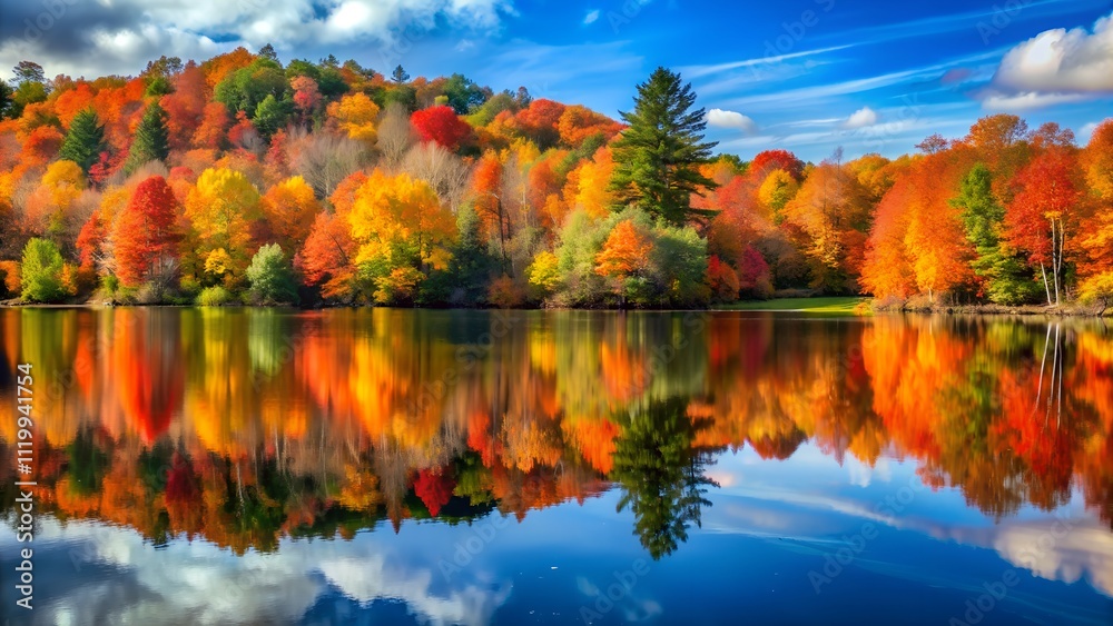 Vivid reflection of autumn forest in calm lake water Vivid reflection of autumn forest in calm lake water