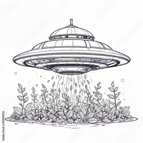 whimsical illustration of a UFO beaming down light onto a patch of growing plants photo