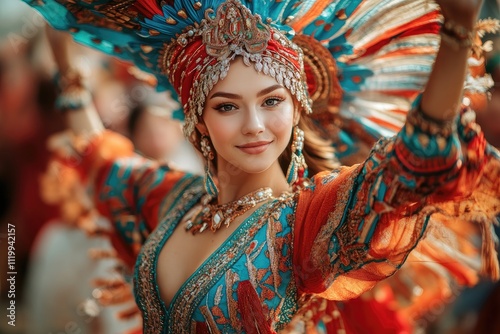 Latin dancer performing with colorful headdress and costume