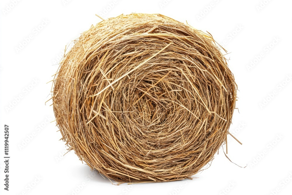 Round bale of hay isolated on white background, representing agriculture and farming