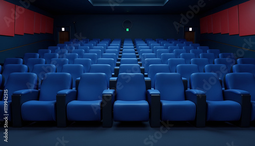 Interior of a modern cinema hall with blue seats and ambient lighting, ready for a movie screening.