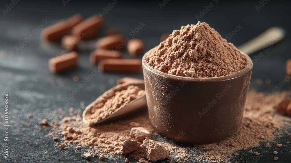 Brown cocoa powder in a bowl, with some scattered around. Perfect for recipes, blogs, or food packaging. Brown cocoa powder in a bowl, with some scattered around. Perfect for recipes, blogs, or food packaging.