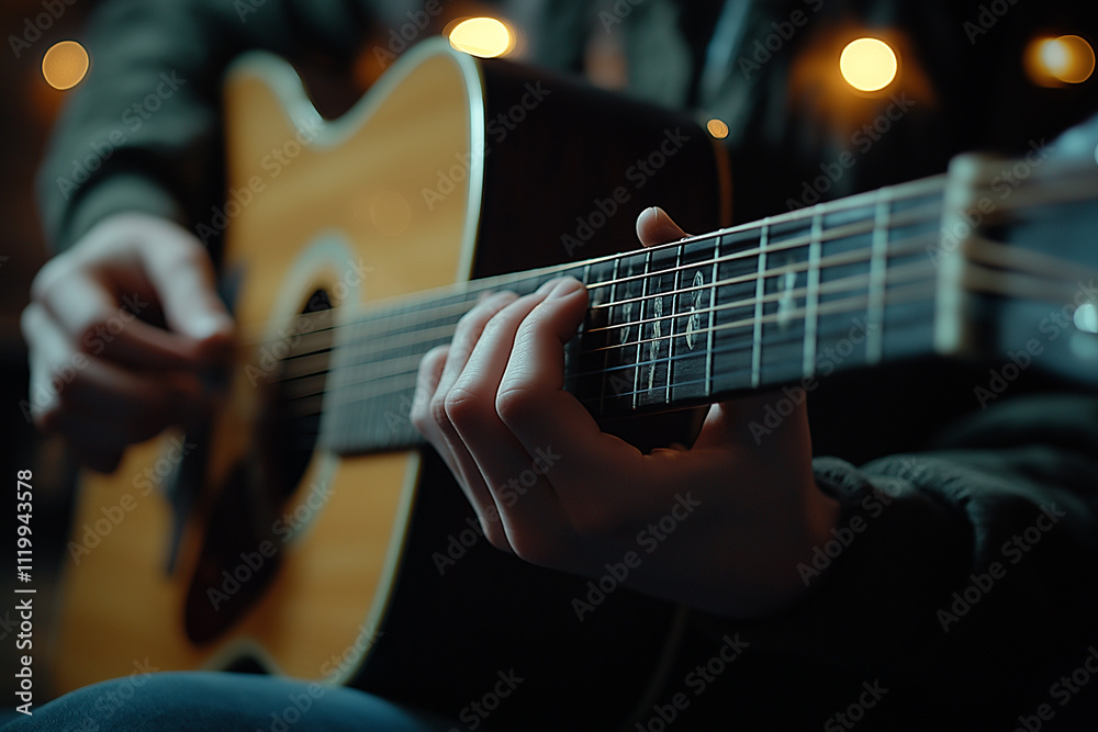 Fototapeta premium A close-up shot of hands playing an acoustic guitar, with the strings and neck in sharp focus against a soft-focus background. A cozy atmosphere.