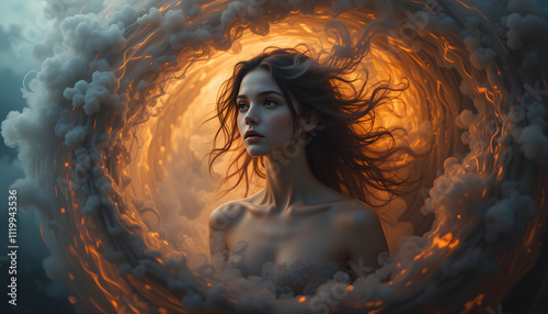 A young woman, her features shrouded in mystery, slowly rises from a swirling vortex of smoke and flames, AI Gen
