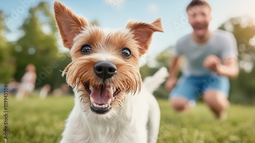 Happy dog playing in the park with owner in the background