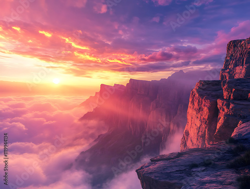 Rocky mountain cliffs surrounded by wisps of clouds, under a vibrant sunset