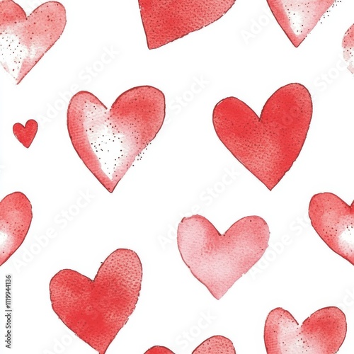 A continuous watercolor design with red hearts for Valentine's Day, set against a white background, perfect for fabric and gift wrap.