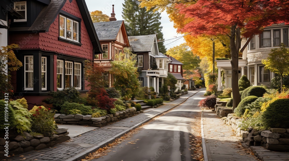 Charming autumnal street scene with colorful houses and vibrant foliage. Charming autumnal street scene with colorful houses and vibrant foliage.