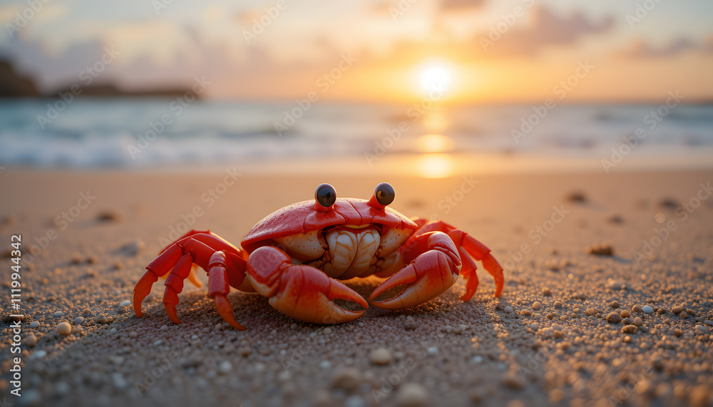 A cute red crab chilling on the sand during the sunrise. A cute red crab chilling on the sand during the sunrise.