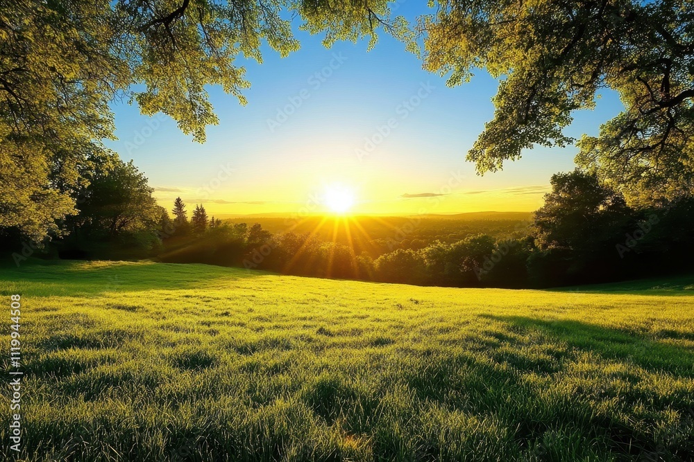 Stunning Sunrise Over Lush Green Field with Sun Rays and Clear Blue Sky Framed by Trees in a Serene Natural Landscape Stunning Sunrise Over Lush Green Field with Sun Rays and Clear Blue Sky Framed by Trees in a Serene Natural Landscape