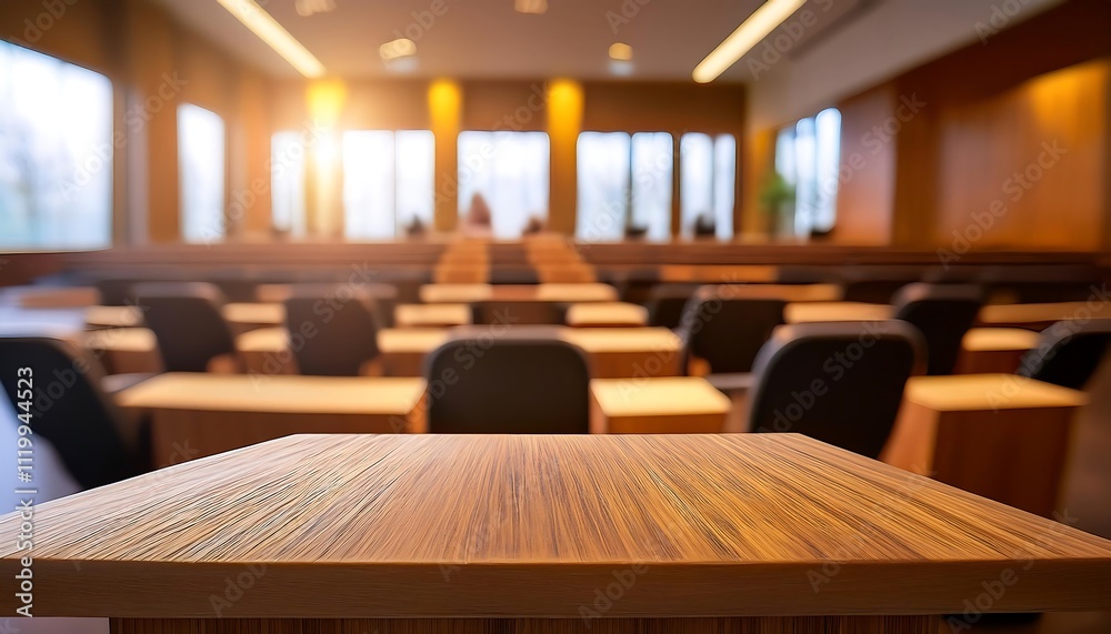 Interior of a modern courtroom with wooden furnishings.