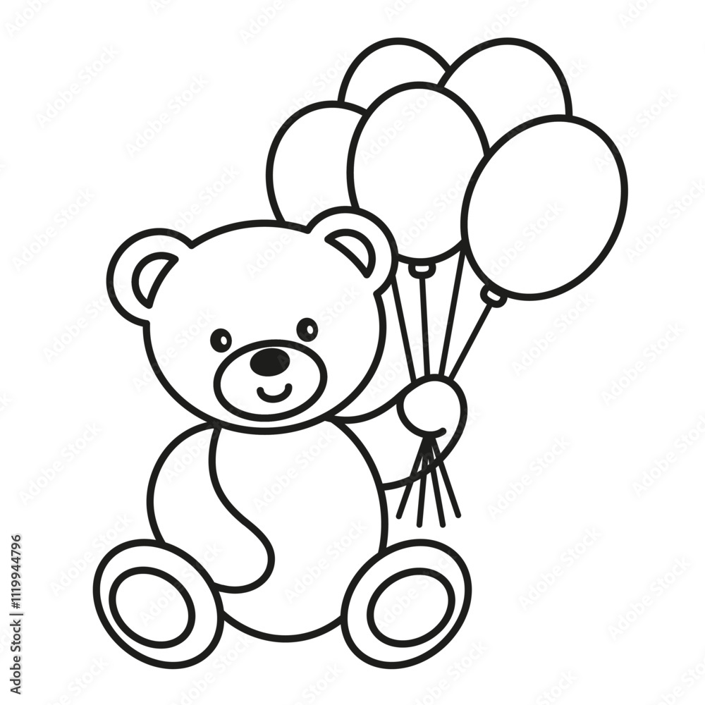 Obraz premium Teddy Bear with Balloons, outline, black and white line