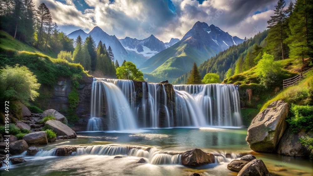 Majestic mountain waterfall in a lush green forest with a bright blue sky and white clouds Majestic mountain waterfall in a lush green forest with a bright blue sky and white clouds