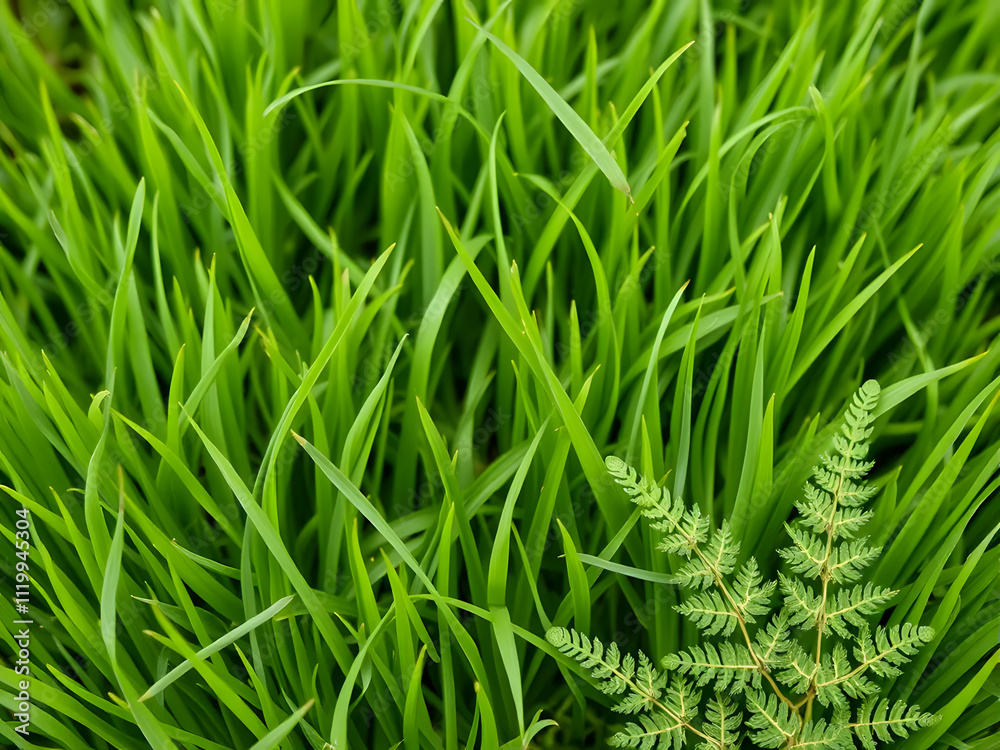 Soft green grass texture with delicate fern leaves at the edges, simple composition Soft green grass texture with delicate fern leaves at the edges, simple composition