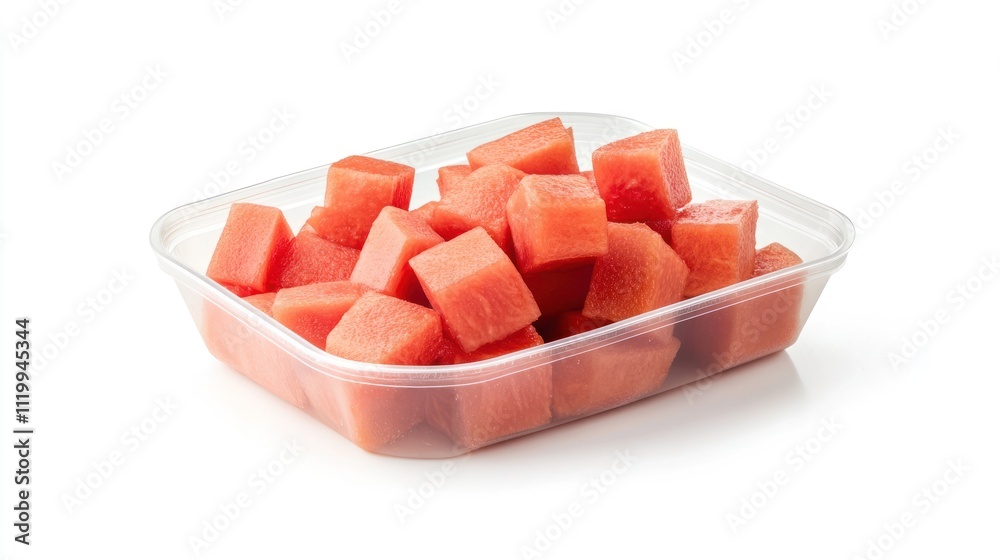 A clear container filled with neatly cut watermelon cubes. A clear container filled with neatly cut watermelon cubes.