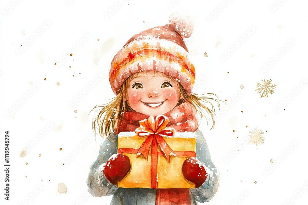 Happy Girl Holding Christmas Gift In Winter Happy Girl Holding Christmas Gift In Winter