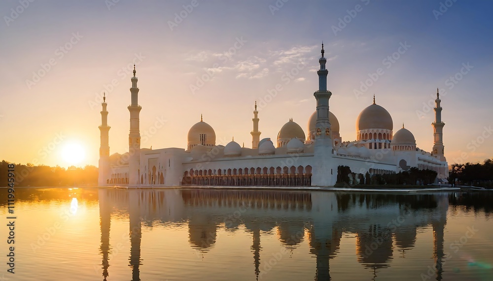 Obraz premium Mosque silhouette at sunset with reflection.
