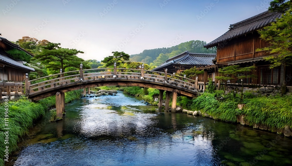 Fototapeta premium Tranquil bridge over a serene river in nature.