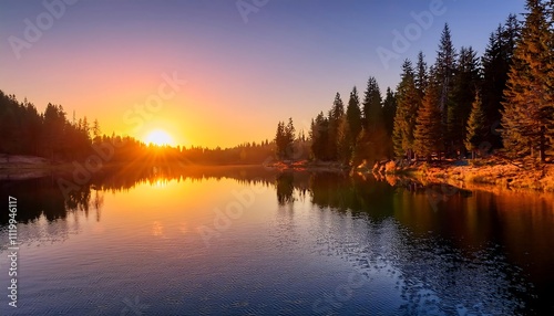 Serene sunset over a tranquil lake and forest.