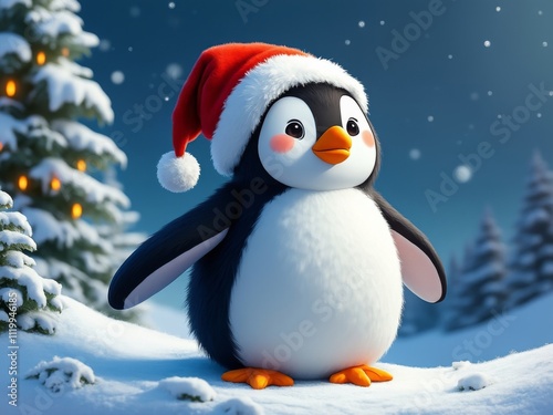 Adorable penguin wearing a red Santa hat standing in a snowy landscape, with decorated Christmas trees and falling snowflakes in a festive winter scene