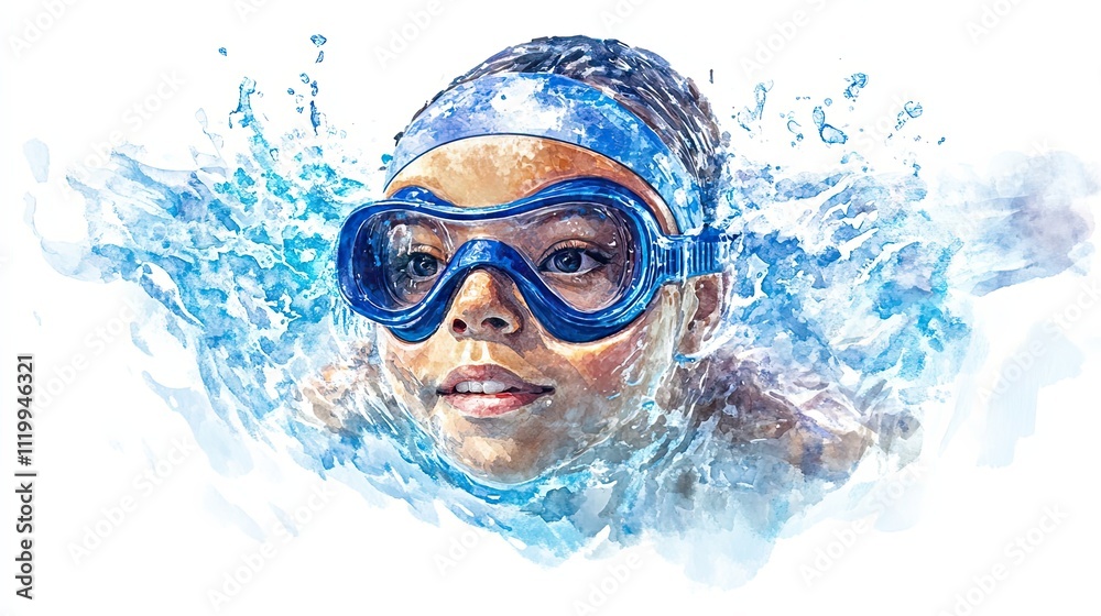 Fototapeta premium Young Swimmer Emerging From Water Wearing Goggles