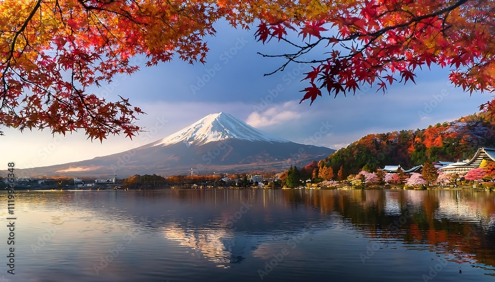 Scenic view of Mount Fuji with autumn foliage. Scenic view of Mount Fuji with autumn foliage.