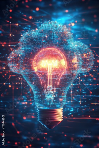 Futuristic Cloud Computing Concept with Glowing Lightbulb and Digital Network Connections in a Virtual Space